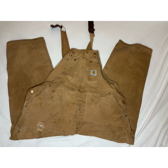 Carhartt Other - Vintage Carhartt Men's R01BRN Duck Bib Overall 44x30 Tan Double Knee Made in USA